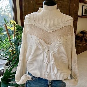 Cable Knit Crew Neck Lace Oversized Sweater Small